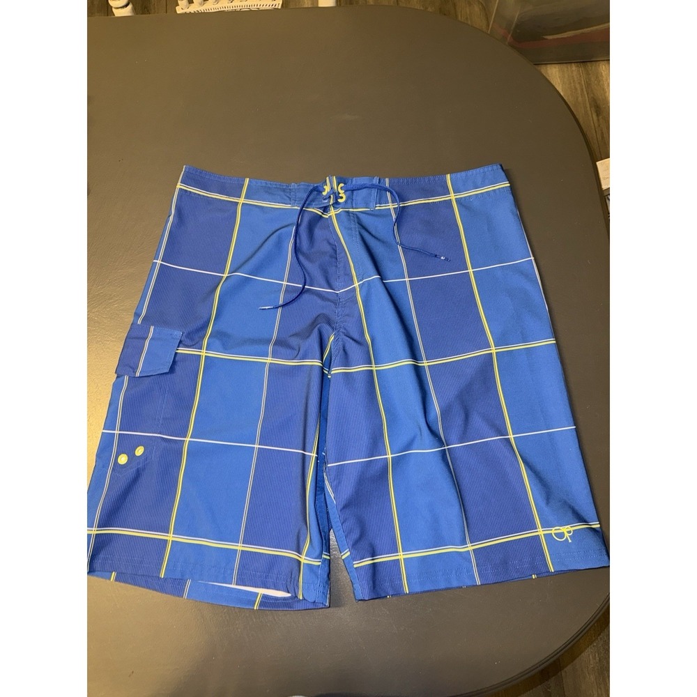 OP Ocean Pacific Board Shorts Mens 38 Blue Plaid OPFLEX 4-Way Stretch Swim Surf